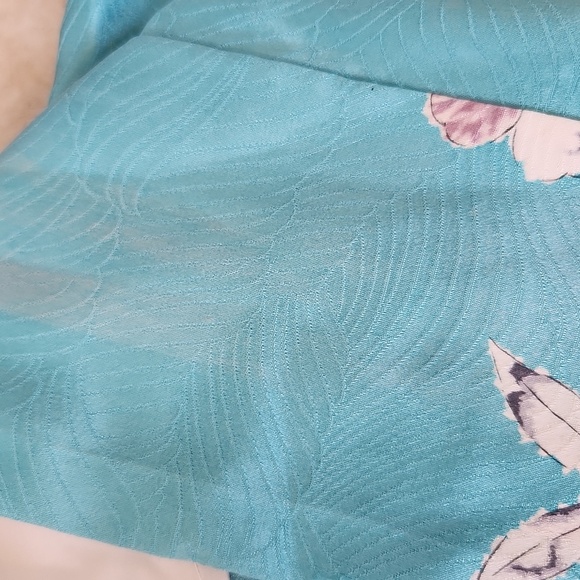 Vintage Japanese Kimono Turquoise Botanical Leaves Blue - Picture 6 of 11